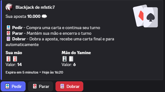 Partida de Blackjack do Yamine no Discord